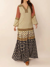 Printed V-Neck Balloon Sleeve Maxi Dress Khaki Woman Maxi Dress