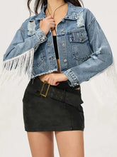 Distressed Fringe Collared Neck Cropped Denim Top Woman Tops