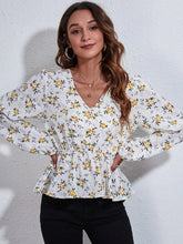 Floral V-Neck Balloon Sleeve Peplum Blouse Woman Blouses