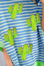 Cactus striped round neck half sleeve T-shirt with green sequin cacti