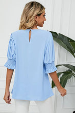 Pleated Flounce Sleeve Keyhole Blouse Woman Blouses