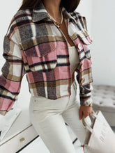 Pocketed Collared Neck Long Sleeve Plaid Jacket Pink Woman Outerwear