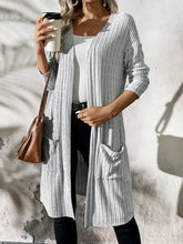 Ribbed Open Front Long Sleeve Cardigan with Pockets Gray Woman Outerwear