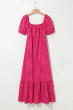 SYNZ Gingham Check Bubble Sleeve Ruffled Maxi Dress Woman Casual Dress