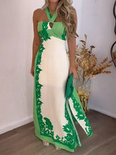 Halter Neck Leaf Print Maxi Dress Green Woman Maxi Dress