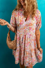 Floral Puff Sleeve Notched Tiered Mini Dress Floral Woman Casual Dress