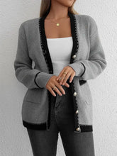 Contrast Trim Button Up Long Sleeve Cardigan Woman Outerwear