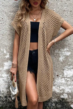 Openwork Open Front Short Sleeve Cardigan Khaki Woman Outerwear