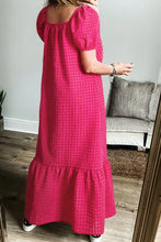 SYNZ Gingham Check Bubble Sleeve Ruffled Maxi Dress Woman Casual Dress