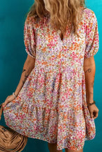 Floral Puff Sleeve Notched Tiered Mini Dress Woman Casual Dress