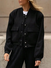 Pocketed Snap Down Baseball Collar Jacket Black Woman Outerwear