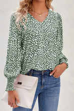 Printed V-Neck Smocked Lantern Sleeve Blouse Woman Blouses