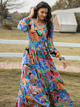 Printed Smocked Tie Neck Balloon Sleeve Maxi Dress Maxi Dresses