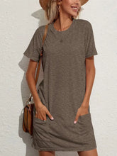 Pocketed Round Neck Short Sleeve Mini Tee Dress Olive Brown Casual Dresses