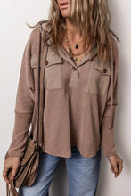 Pocketed Half Button Long Sleeve Hoodie Mocha Woman Sweatshirts