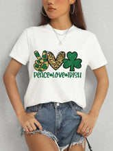 White short sleeve t-shirt with Peace Love Irish graphic design