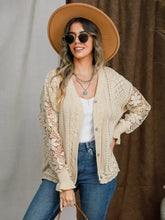 Eyelet Button Up Lantern Sleeve Cardigan Tan Woman Outerwear