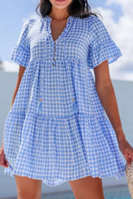 Gingham Short Sleeve Button Tie Split Neck Loose Mini Dress Light Blue Casual Dresses