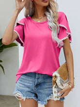 Pom-Pom Trim Flutter Sleeve Round Neck Tee Woman T Shirts