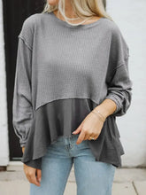 Gray waffle-knit round neck dropped shoulder T-shirt with ruffled hem
