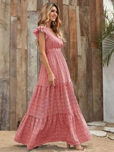 Printed V-Neck Ruffled Cap Sleeve Maxi Dress Woman Maxi Dress