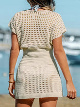 Openwork V-Neck Short Sleeve Cover Up Swimwear Cover-Ups