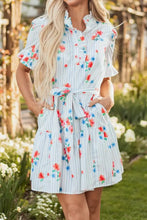 Stripe Floral Pattern Ruffle Short Sleeve Belted Mini Dress Woman Casual Dress