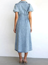 Puff Sleeve Button Front Denim Midi Dress Woman Dress