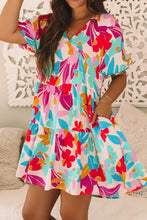 Floral Bubble Sleeve V Neck Tiered Ruffle Babydoll Dress Casual Dresses