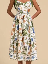 Tropical Print Tie-Shoulder Sweetheart Neck Midi Dress Woman Casual Dress