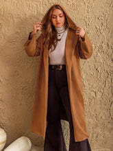 Plus Size Tied Long Sleeve Hooded Coat with Pockets Caramel Woman Outerwear