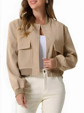 Pocketed Snap Down Baseball Collar Jacket Tan Woman Outerwear