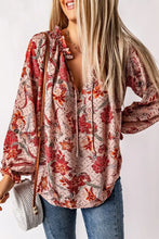 Floral Tie Neck Flounce Sleeve Blouse Coral Woman Blouses