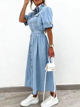 Full Size Button Down Roll-Up Sleeve Denim Shirt Dress Plus Size Woman Dress