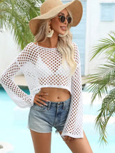 Hollow Out Boat Neck Flare Sleeve Cover-Up White Swimwear Cover-Ups