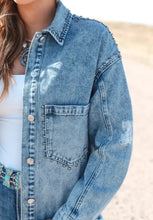 Studded Acid Wash Long Sleeve Denim Jacket Woman Outerwear