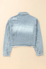 Distressed Pearl Trim Button Up Denim Jacket Woman Outerwear