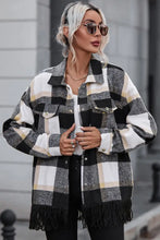 Plaid Collared Neck Snap Front Jacket Black Woman Outerwear