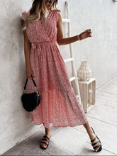 Ruffled Surplice Printed Cap Sleeve Dress Scarlet Casual Dresses