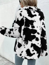 Cow Print Collared Neck Button Up Fuzzy Jacket Woman Outerwear