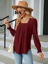 Burgundy square neck puff sleeve blouse with pleated long sleeves