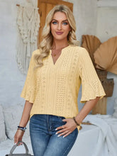 Eyelet Notched Half Sleeve T-Shirt Light Yellow Woman T Shirts