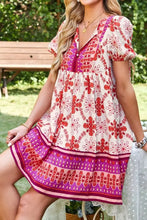 Boho Floral Short Sleeve Tie Neck Mini Dress Woman Casual Dress