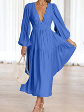 Deep V-Neck Balloon Sleeve Plain Maxi Dress Woman Maxi Dress