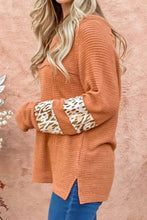 Waffle-Knit Leopard Long Sleeve Slit Blouse Woman Blouses
