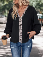 Perfee Contrast V-Neck Long Sleeve Blouse Black Woman Blouses