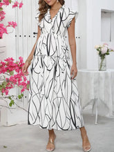 Abstract Print Ruffle Sleeve V-Neck Midi Dress Woman Casual Dress