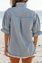 Ruffle Short Puff Sleeve Button Down Denim Shirt Woman Denim Tops