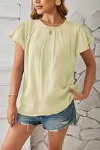 Pale yellow round neck keyhole cap sleeve T-shirt with pintucks and ruffles