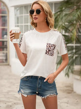 Ivy Lane Pocketed Leopard Round Neck Short Sleeve T-Shirt White Woman T Shirts
